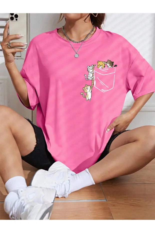 Unisex Kadın/Erkek CAT Renkli Özel Baskılı Oversize Pamuk Bisiklet Yaka Penye T-Shirt Unisex Kadın/Erkek CAT Renkli Özel Baskılı Oversize Pamuk Bisiklet Yaka Penye T-Shirt